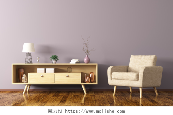 现代简约风装修的精致客厅内政部与木制柜和扶手椅 3d 渲染
